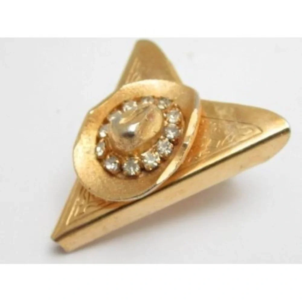 Vintage Belt Tip Western Style Cowboy Hat Gold Plated Rhinestone Jewelry